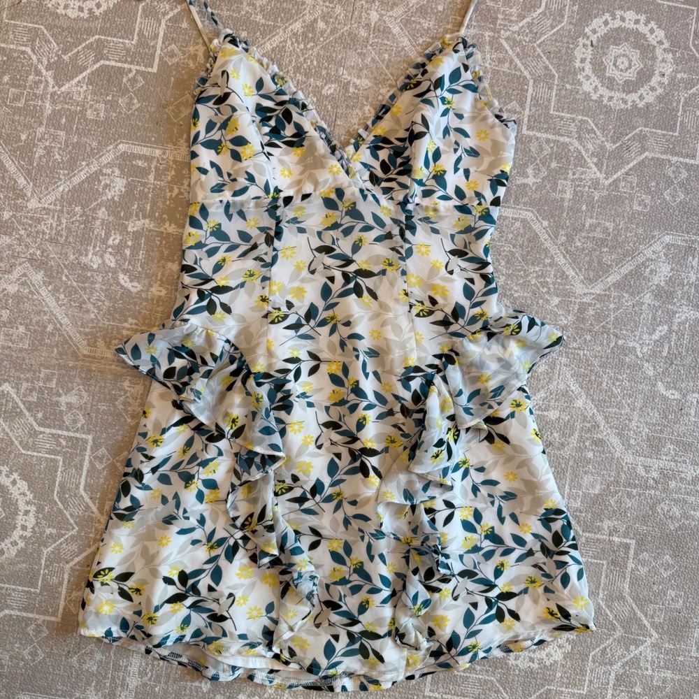 Here Comes the Sun Floral Ruffle Mini Dress Spaghetti‎ Strap V Neck Size S